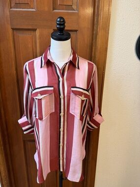PRICE FIRM Massimo Dutti Striped Button Down Shirt in Pink & Red Size 8